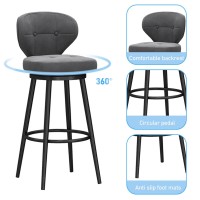 lirrebol Velvet Swivel Bar Stools with Back Set of 2, Counter Height Bar Chair for Kitchen Island, Upholstered Pub Stools with Footrest, Armless Fix Height Dining Bar Chairs for Dining Room,Grey