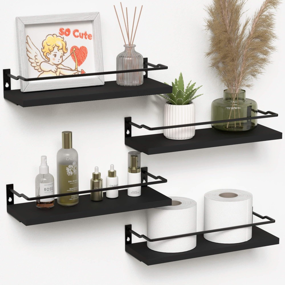 Richer House Bathroom Floating Shelves With Guardrail Set Of 4 Wall Mounted Small Storage Bathroom Shelves Rustic Bathroom She