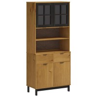 Vidaxl Flam Highboard - Brown, Durable Solid Pine Wood Construction, Ample Storage Space With Shelves & Drawers, Easy Maintenance & Convenient Handles