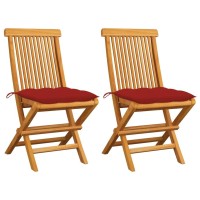 Vidaxl Solid Teak Wood Patio Chairs With Red Cushions - 2 Pcs Set, Outdoor Dining Chairs With Weather Resistant Wooden Frames And Cushioned Seating