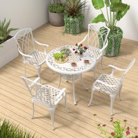 Tangkula 5 Pieces Cast Aluminum Outdoor Dining Set, Round Dining Table With 2.5??Umbrella Hole & 4 Armchairs, All-Weather Outdoor Furniture Set For Patio, Balcony, Garden & Backyard, White