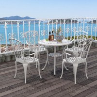 Tangkula 5 Pieces Cast Aluminum Outdoor Dining Set, Round Dining Table With 2.5??Umbrella Hole & 4 Armchairs, All-Weather Outdoor Furniture Set For Patio, Balcony, Garden & Backyard, White