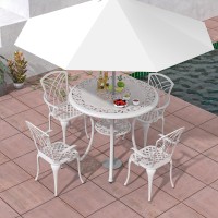 Tangkula 5 Pieces Cast Aluminum Outdoor Dining Set, Round Dining Table With 2.5??Umbrella Hole & 4 Armchairs, All-Weather Outdoor Furniture Set For Patio, Balcony, Garden & Backyard, White