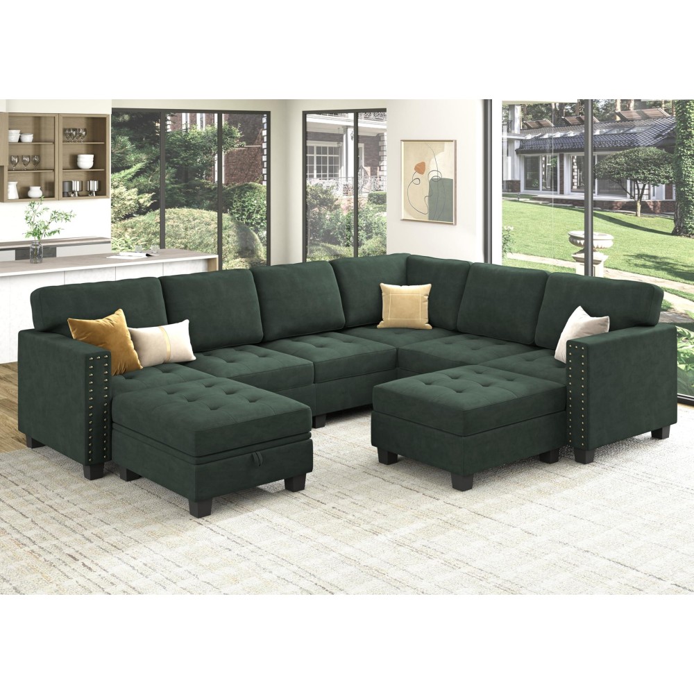 Honbay Velvet Modular Sectional Sofa Convertible L Shaped Sofa Couch With Storage Top Tray Ottoman Corner Sectional Couch Gree