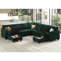 Honbay Velvet Sectional Couch U Shaped Sectional Sofa With Chaise Modular Sectional With Storage Ottoman For Living Room Green