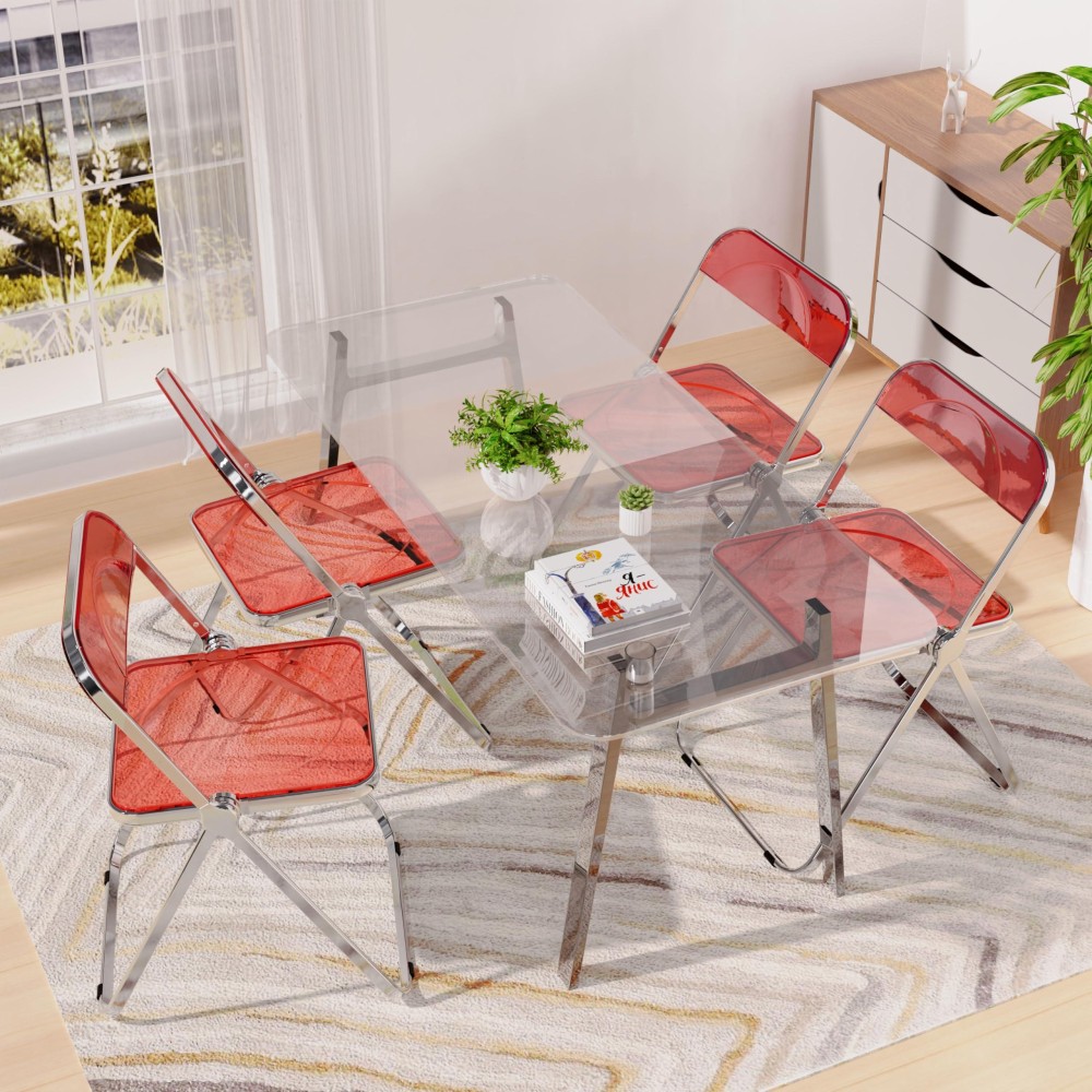 Dolonm Transparent Acrylic Folding Chair With Steel Chrome Frame, Acrylic Chair For Multiple Application, Modern Clear Chair For Living Room, Dining Room, Bedroom, Game Room, Red(Set Of 4)