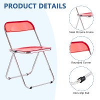 Dolonm Transparent Acrylic Folding Chair With Steel Chrome Frame, Acrylic Chair For Multiple Application, Modern Clear Chair For Living Room, Dining Room, Bedroom, Game Room, Red(Set Of 4)