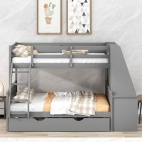 Biadnbz Twin Over Full Size Bunk Bed With Desk And Trundle, Wooden Bunkbeds For 3 With Storage Drawers And Shelf, For Kids Teens Adults Bedroom Dorm, Gray