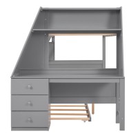Biadnbz Twin Over Full Size Bunk Bed With Desk And Trundle, Wooden Bunkbeds For 3 With Storage Drawers And Shelf, For Kids Teens Adults Bedroom Dorm, Gray