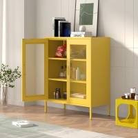 Ustamio Yellow Metal Storage Cabinet With Mesh Doors Office Metal Locker Cabinet Metal Display Cabinet With 2 Adjustable Shelv