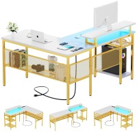 Isunirm L Shaped Desk, 55 Inch Reversible Computer Desk With Power Outlet And Rgb Led Light, Sturdy Corner Office Gaming Desk With Ergonomic Monitor Stand, Attractive Grid Design, White And Gold