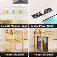 Isunirm L Shaped Desk, 55 Inch Reversible Computer Desk With Power Outlet And Rgb Led Light, Sturdy Corner Office Gaming Desk With Ergonomic Monitor Stand, Attractive Grid Design, White And Gold