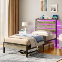 Rolanstar Bed Frame Twin Size With Usb Charging Station, Led Bed Frame With Wood Storage Headboard, Light Grey Metal Platform Bed With Under Bed Storage, No Box Spring Needed, Noise Free