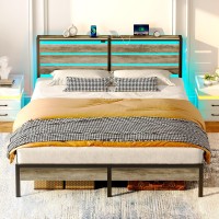 Rolanstar Bed Frame King Size With Usb Charging Station Led Bed Frame With Wood Storage Headboard Light Grey Metal Platform Be