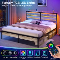 Rolanstar Bed Frame King Size With Usb Charging Station Led Bed Frame With Wood Storage Headboard Light Grey Metal Platform Be