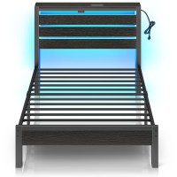 Rolanstar Bed Frame Twin Size With Usb Charging Station, Led Bed Frame With Wood Storage Headboard, Black Metal Platform Bed With Under Bed Storage, No Box Spring Needed, Noise Free
