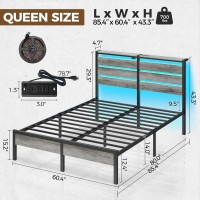 Rolanstar Bed Frame Queen Size With Usb Charging Station, Led Bed Frame With Wood Storage Headboard, Light Grey Metal Platform Bed With Under Bed Storage, No Box Spring Needed, Noise Free