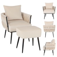 Giantex Velvet Accent Chair With Ottoman, Modern Comfy Arm Chair W/Solid Metal Frame, Pillow, Max Load 330 Lbs, Upholstered Single Sofa Chair W/Footrest, Reading Chair For Bedroom, Living Room, Beige