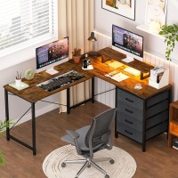 Homieasy L Shaped Desk With Drawers & Power Outlets, Reversible Computer Desk With Led Light And Monitor Stand, 50 Inch Home Office Gaming Work Study Desk With 4 Storage Drawers, Rustic Brown