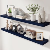 Dark Blue Floating Shelves 48 Inch Solid Wooden Wall Shelves Set Of 2 Rustic Floating Wall Shelves For Decor Storage For Liv