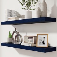 Dark Blue Floating Shelves 36 Inch Solid Wooden Wall Shelves Set Of 2 Rustic Floating Wall Shelves For Decor Storage For Liv