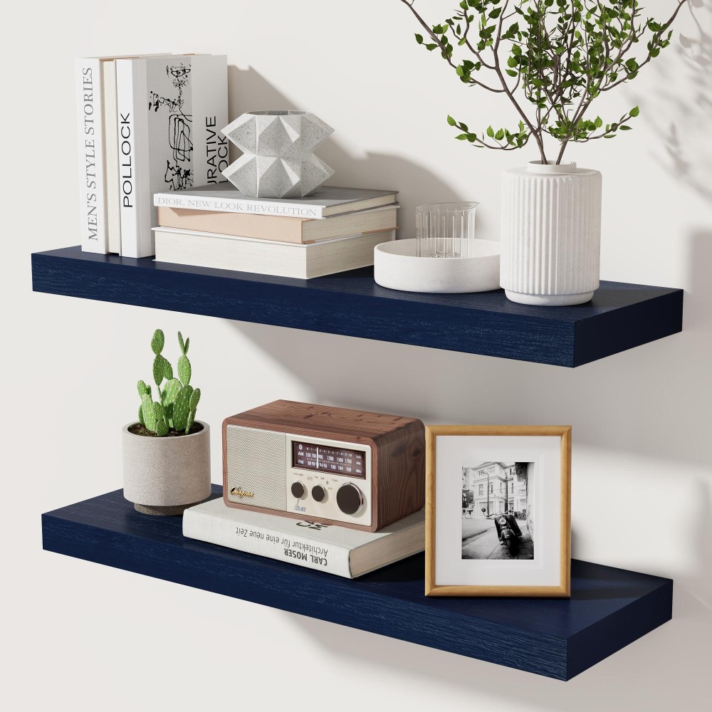 Dark Blue Floating Shelves 24 Inch Solid Wooden Wall Shelves Set Of 2 Rustic Floating Wall Shelves For Decor Storage For Liv