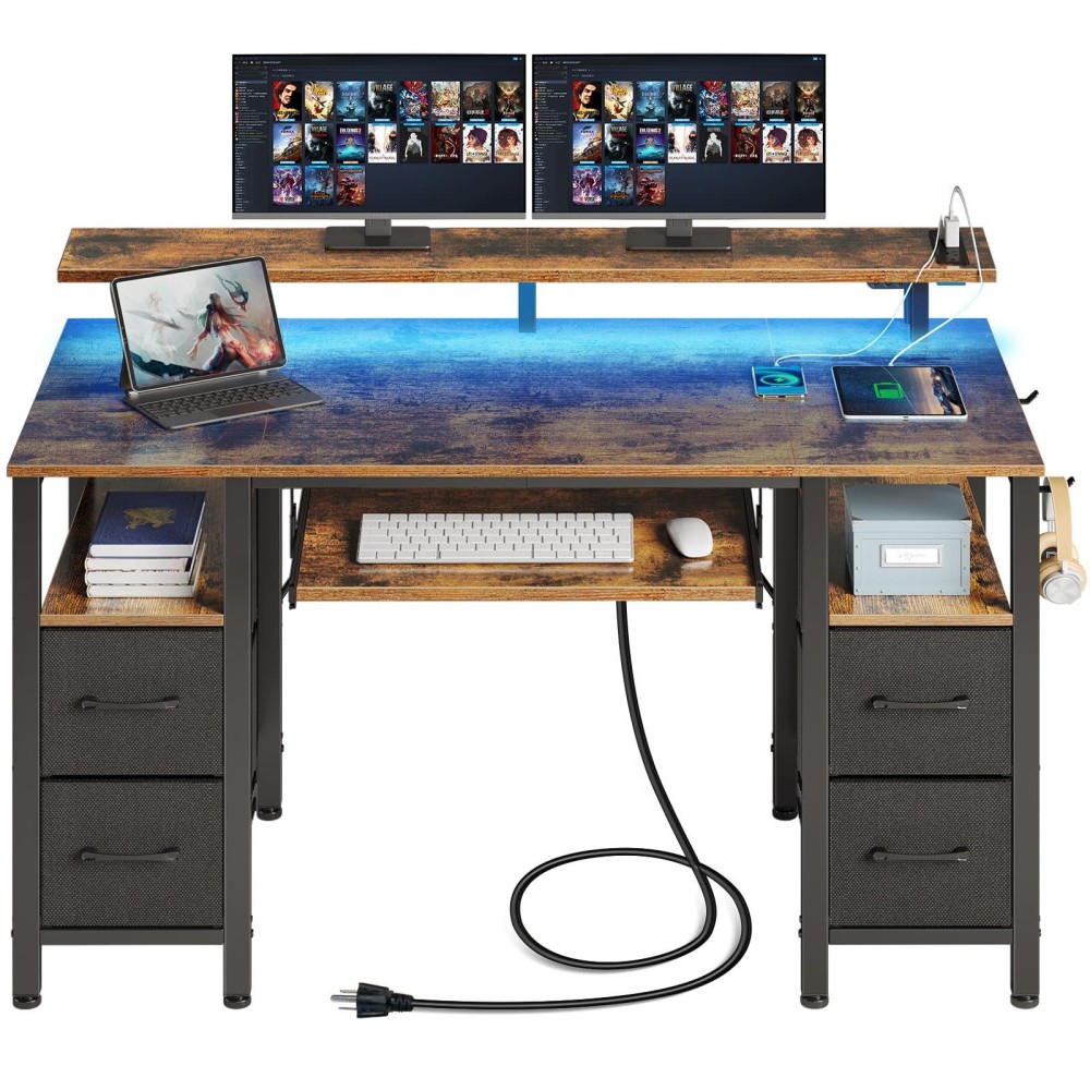 Seventable Computer Desk 472 With Led Lights Power Outlets Home Office Desk With 4 Drawers Writing Desk With Keyboard Tra