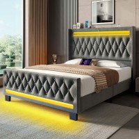Rolanstar King Bed Frame With Led Light And Charging Station, Upholstered High Headboard And Footboard, Wood Slats, Noise Free, Easy Assembly, Grey