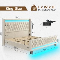 Rolanstar King Bed Frame With Led Light And Charging Station, Upholstered High Headboard And Footboard, Wood Slats, Noise Free, Easy Assembly, White