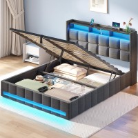 Rolanstar Bed Frame Queen Size With Lift Up Storage, Charging Station & Led Lights, Upholstered Storage Headboard, Heavy Duty Wooden Slats, No Box Spring Needed, Noise Free, Easy Assembly, Dark Grey