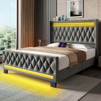 Rolanstar Full Bed Frame With Led Light And Charging Station, Upholstered High Headboard And Footboard, Wood Slats, Noise Free, Easy Assembly, Grey