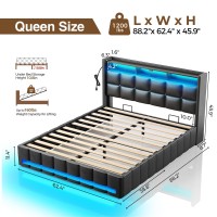 Rolanstar Bed Frame Queen Size With Lift Up Storage, Charging Station & Led Lights, Upholstered Storage Headboard, Heavy Duty Wooden Slats, No Box Spring Needed, Noise Free, Easy Assembly, Black