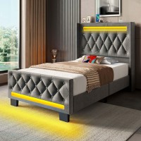 Rolanstar Twin Bed Frame With Led Light And Charging Station, Upholstered High Headboard And Footboard, Wood Slats, Noise Free, Easy Assembly, Grey