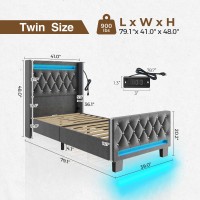 Rolanstar Twin Bed Frame With Led Light And Charging Station, Upholstered High Headboard And Footboard, Wood Slats, Noise Free, Easy Assembly, Grey