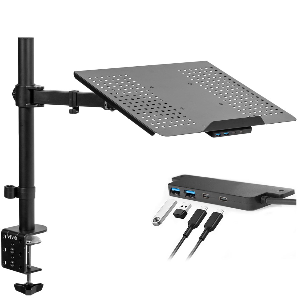 Vivo Single Laptop Notebook Desk Mount Stand With Usb Hub Fully Adjustable Extension With Cclamp Fits Up To 17 Inch Laptops