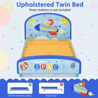 Costzon Twin Bed Frames For Kids, Wood Upholstered Twin Bed Platform With Slat Support, Padded Headboard&Footboard, No Box Spring Needed, Easy Assembly, Fits Standard Twin Mattress (Outer Space)