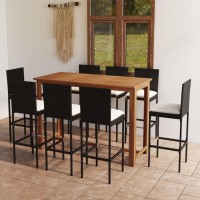 Vidaxl Outdoor Patio Bar Set With Cushions - Black, 9-Piece Pe Rattan And Solid Acacia Wood Set For Garden, Patio, Terrace - Includes 1 Table, 8 Bar Stools