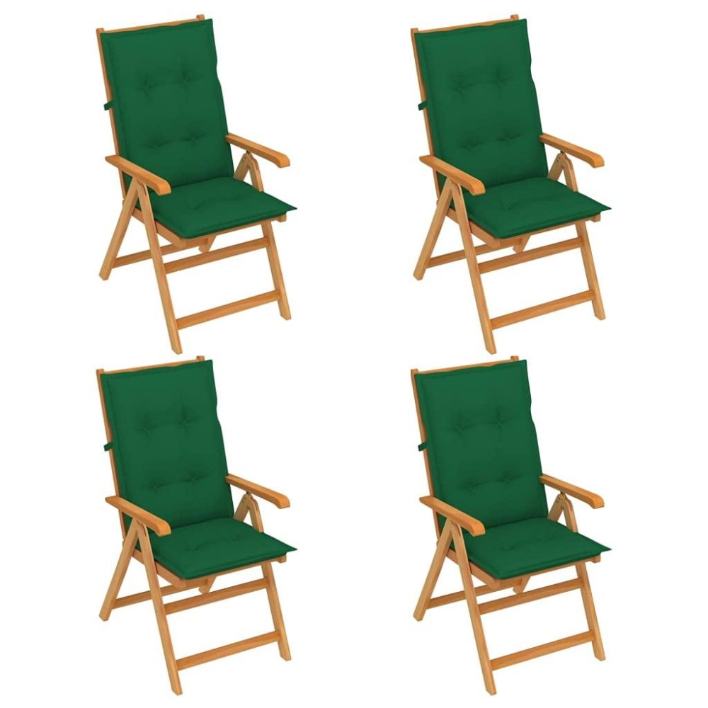 Vidaxl Patio Chairs With Green Cushions | Durable And Weather-Resistant Teak Wood Outdoor Furniture | Adjustable Reclining Settings | Easily Foldable | Includes 4 Chairs
