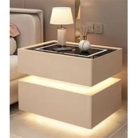 Hailm Smart Nightstand With Wireless Charging Station, Automatic Led Bedside Table With 2 Drawers For Bedroom (Color : Khaki, Size : 19.7X15.7X18.9In)