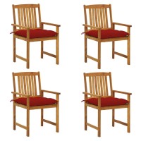 Vidaxl Solid Acacia Wood Outdoor Patio Chairs With Red Cushions - Set Of 4