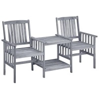 Vidaxl Solid Acacia Wood Patio Chairs With Tea Table And Cushions - Outdoor Bistro Set In Gray Finish - Rustic Garden Furniture With Sturdy Tabletop And Lower Shelf