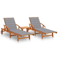 Vidaxl Solid Acacia Wood Sun Loungers With Table And Cushions- Outdoor Weather-Resistant Furniture With Adjustable Backrest And Footrest, Convenient Folding Design, Easy To Move With Wheels