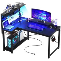 Homieasy Small Gaming Desk With Power Outlets Pegboard Led Light 43 Inch L Shaped Computer Desk With Monitor Stand Storage Shel