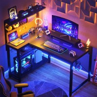 Homieasy Small Gaming Desk With Power Outlets Pegboard Led Light 43 Inch L Shaped Computer Desk With Monitor Stand Storage Shel