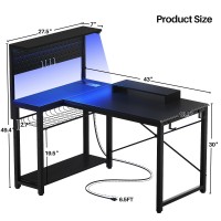 Homieasy Small Gaming Desk With Power Outlets Pegboard Led Light 43 Inch L Shaped Computer Desk With Monitor Stand Storage Shel