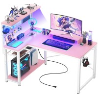 Homieasy Small Gaming Desk With Power Outlets Pegboard Led Light 43 Inch L Shaped Computer Desk With Monitor Stand Storage Shel