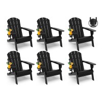 GREENVINES Folding-Adirondack-Chairs-Set-of-6 | HDPE Plastic | Fire Pit Chair | All Weather | Cup Holder | Black | for Deck Backyard Patio Outdoor Garden