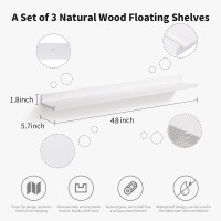 Azsky 48 Inch Large Solid Wood Floating Shelves Long Wall Shelf White Picture Ledge Set Of 3 Photo Shelf For Wall Decor With Lip