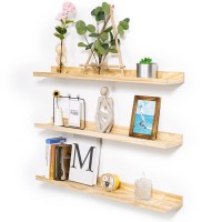 Azsky Natural Solid Wood Floating Shelves With Lip 48 Inch Long Picture Ledge Wall Shelf Set Of 3 For Bedroom Bathroom Living Ro