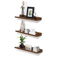 Azsky 16 Inch Wooden Floating Shelves For Wall Set Of 3 Floating Wood Shelf Kids Light Walnut Hanging Picture Ledge With Lip Kit